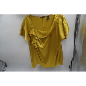 New York & Company Chartreuse Ruffled Blouse Shimmery Tunic Cap Sleeve Size S